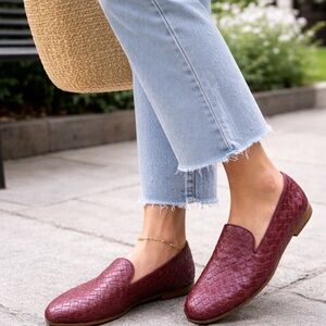 Bottega Veneta Burgundy Woven Flats